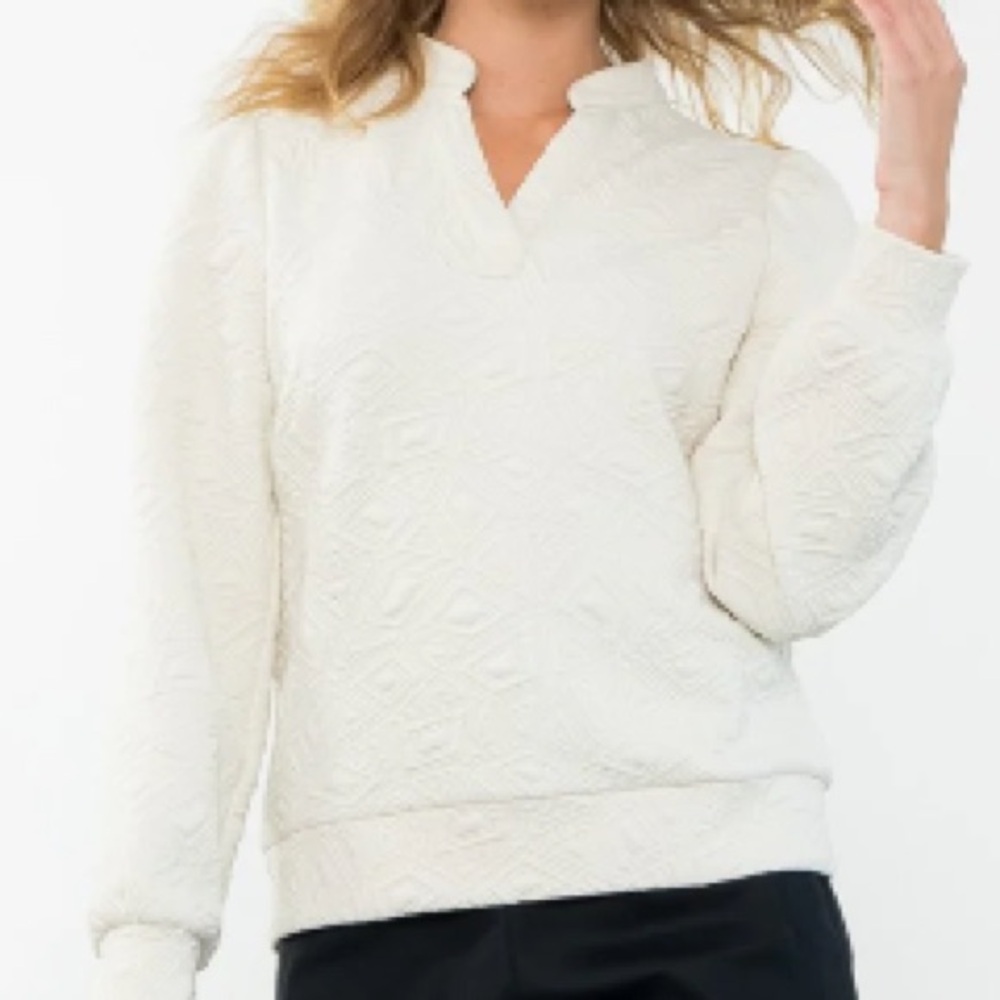 THML Long Sleeve Textured Pullover Top Large Geometric Tonal Cream Ivory Neutral